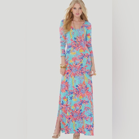 Lilly Pulitzer Dresses & Skirts - Lilly Pulitzer Trippin & Sippin LAUREN Dress Sz M Blue Pink Floral Maxi Stretchy